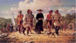 In this modern rendition of the arrival of the French military  expedition at Logstown in 1749, painter Robert Griffing placed Father Joseph Pierre Bonnecamp, a Jesuit missionary, in the company of Shawnee warriors.  The distinctive cassocks worn by the Jesuits earned them the nickname "Black Robes" among the Indians
