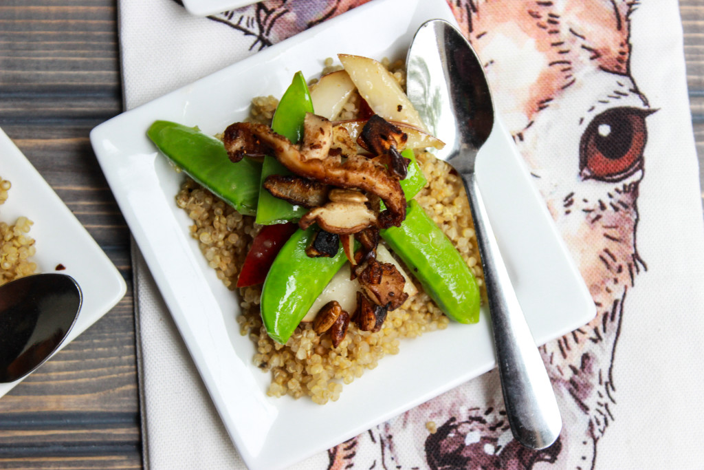 Pear and Sugar Snap Pea Salad over couscous with a cranberry-ginger vinaigrette.