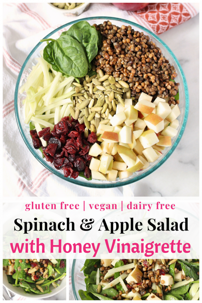 Fall Spinach and Apple Salad With Honey Vinaigrette | C it Nutritionally by Chelsey Amer, MS, RDN, CDN Savor the flavors of fall with this easy Spinach and Apple Salad made with a honey vinaigrette for a sweet welcome to cooler weather, with less than 10 ingredients and no cooking needed!  Gluten Free, Nut Free, Dairy Free, Soy Free, Egg Free, Grain Free