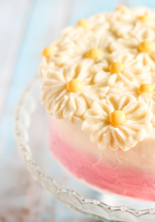 Brown Butter Pink Ombre Daisy Cake with Strawberry Jam