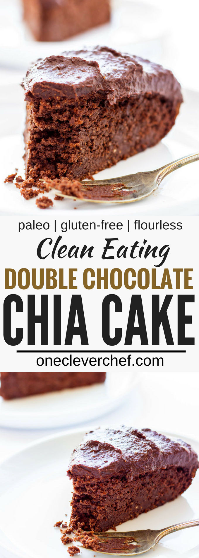 This healthy and decadent double chocolate chia cake is made of 100% real food ingredients. It is extra moist, rich and bursting with chocolatey flavor. Easy to make, this delicious and versatile dessert requires only one bowl and very few preparation steps. It is also paleo, gluten-free, eggless and flourless making, it the perfect guilt-free dessert or snack. With added protein, this recipe is also perfect as a post-workout treat. | www.onecleverchef.com