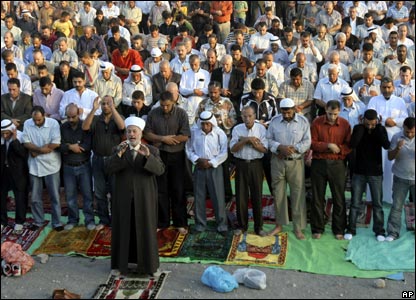 Palestinians pray in the West Bank town of Jenin