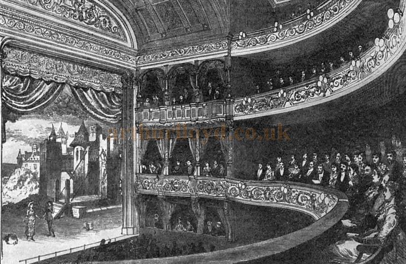 The Auditorium and Stage of the Savoy Theatre when it was opened with a production of 'Patience' in 1881 - From The Graphic, October 12th 1929 and originally in The Graphic of 1881.