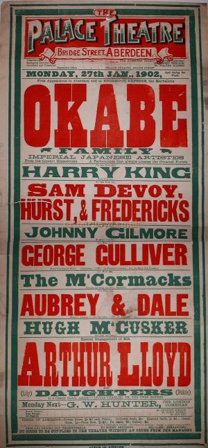 A Poster for Arthur Lloyd and his children Harry, Lillie and Dulcie at the Palace Theatre, Aberdeen in January 1902 - Click to enlarge.