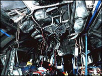 Wrecked interior of bombed Piccadilly line train. Picture: ABC News