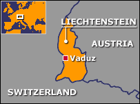 Map showing Liechtenstein's location between Austria and Switzerland