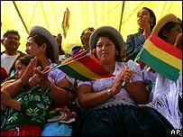 Bolivians wave flags at the inauguration of the assembly