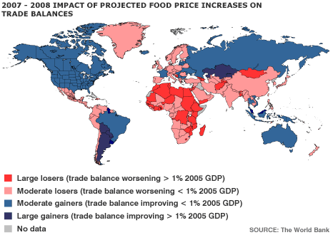 Map showing projected change in global balance of trade