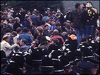 miners and police at the plant