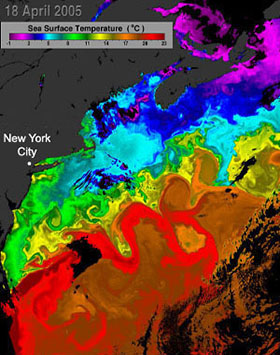 sea surface temperature levels off the eastern coast of the united states, april 18, 2005