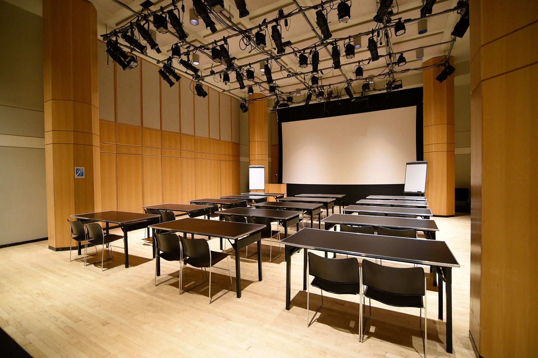 Segal Theatre - Black Box Theater Rental in NYC. Black box theater space set up for class or training.