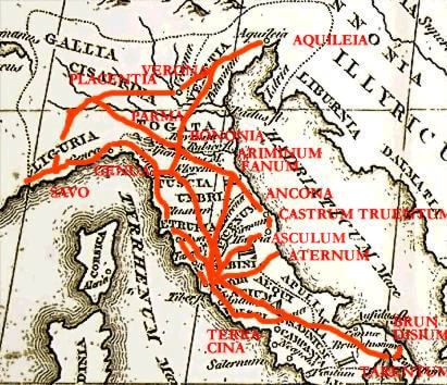 A map showing a network of major ancient Roman roads across Italy. Road networks, their construction and maintenance was certainly one of the greatest Roman innovations and inventions.