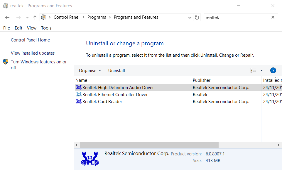 En Realtek-søgning geninstallerer lyddriver windows 10 -> E, tilknyttet