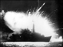 HMS Antelope exploding after Argentine air attack