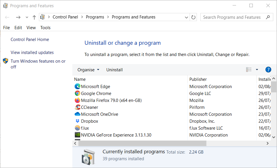 Programmide ja funktsioonide aken installige uuesti helidraiver Windows 10 -> E, sidusettevõte