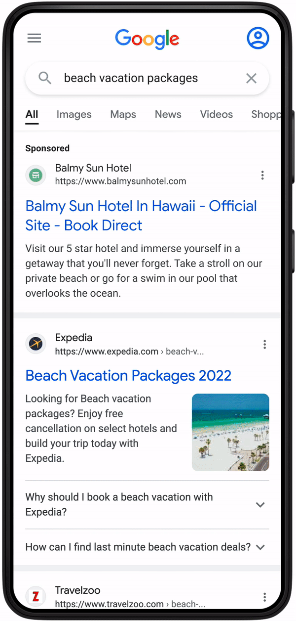 A scrolling GIF of mobile search results featuring site names and favicons on search results and ads, including the word Sponsored.