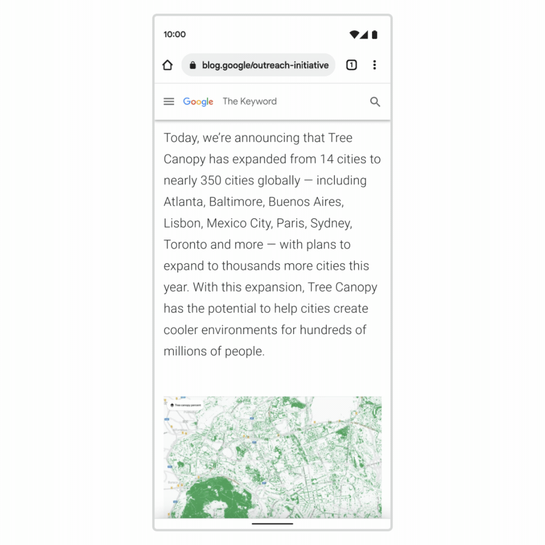 Un blog sulla sostenibilità elenca i nomi di diverse città in Chrome su Android. "Lisbona" ​​viene evidenziato e tenuto premuto. Nella parte inferiore dello schermo viene visualizzato un riquadro con ulteriori informazioni su Lisbona, comprese le ricerche correlate "hotel lisbona" ​​e "tour gastronomico lisbona".