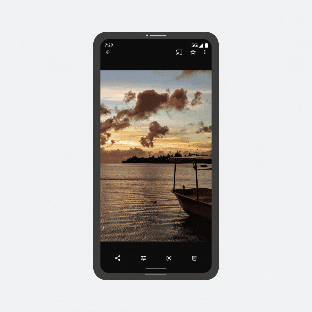 Animation of an Android phone using Nearby Share to send a scenic photo to multiple nearby Android friends.