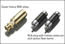 Plugue BNC/RCA superpesado com pino central oco e cilindro de fibra de carbono