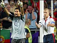 Portugal goalkeeper Ricardo celebrates after England captain David Beckham's miss