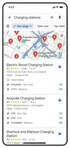 A video of a phone screen shows someone using Google Maps to search for EV chargers. From the list of chargers they select an option that specifies “your charges” so they only see chargers compatible with their car. They scroll through the options to learn more about the charger speeds and when they were last used. They tap on an option and are taken to that location’s page on Google Maps.